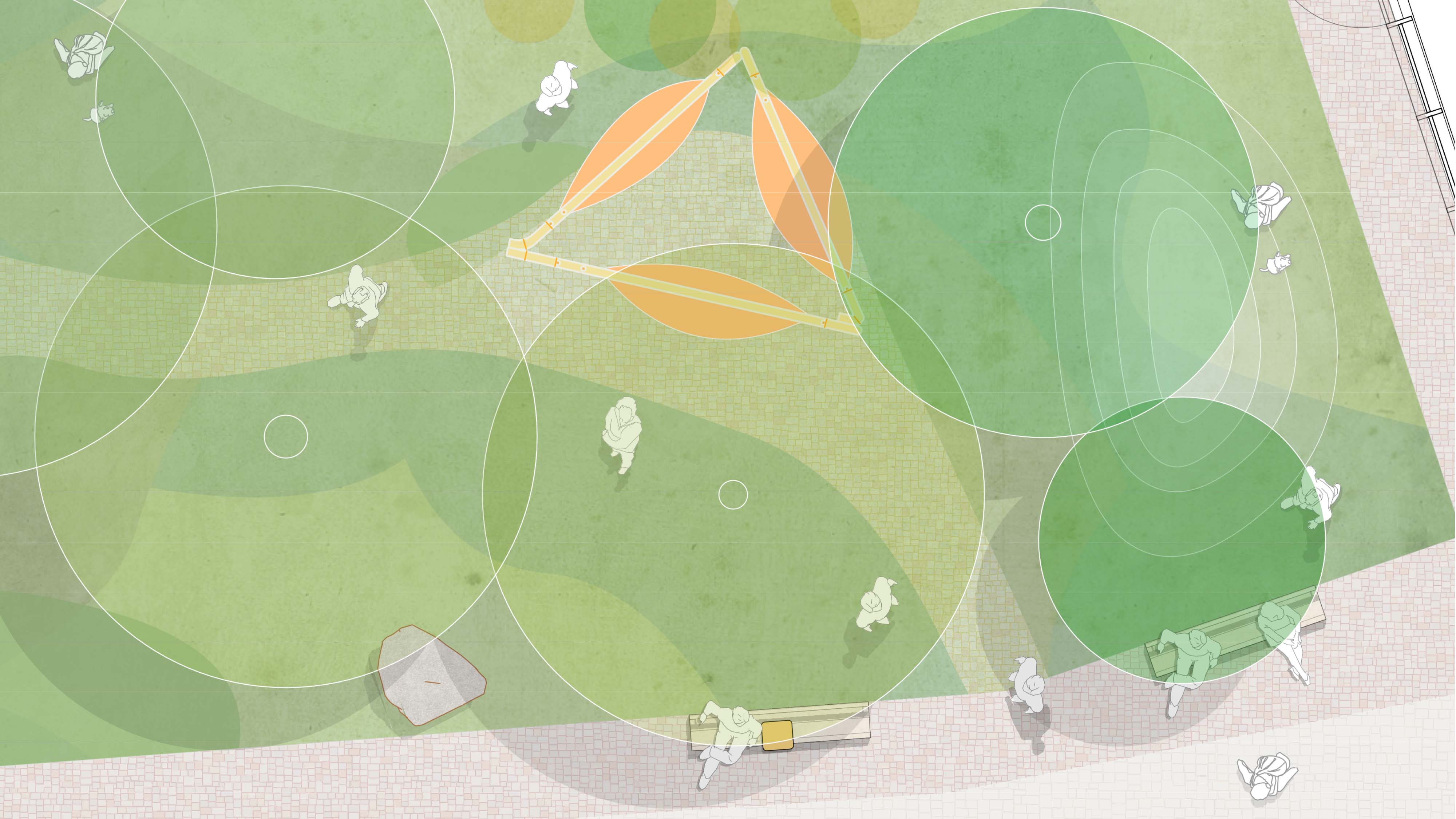 Eine erholsame Atmosphäre im urbanen Wald des Projekts wird durch die Gestaltung von verschiedenen Elementen zum Verweilen erreicht, wie z.B. Hängematten. Sie orientieren sich an den Anforderungen der Nutzenden.